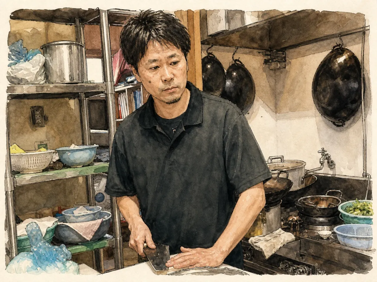 厨房で料理を説明する萬万亭の店主を描いたイラスト