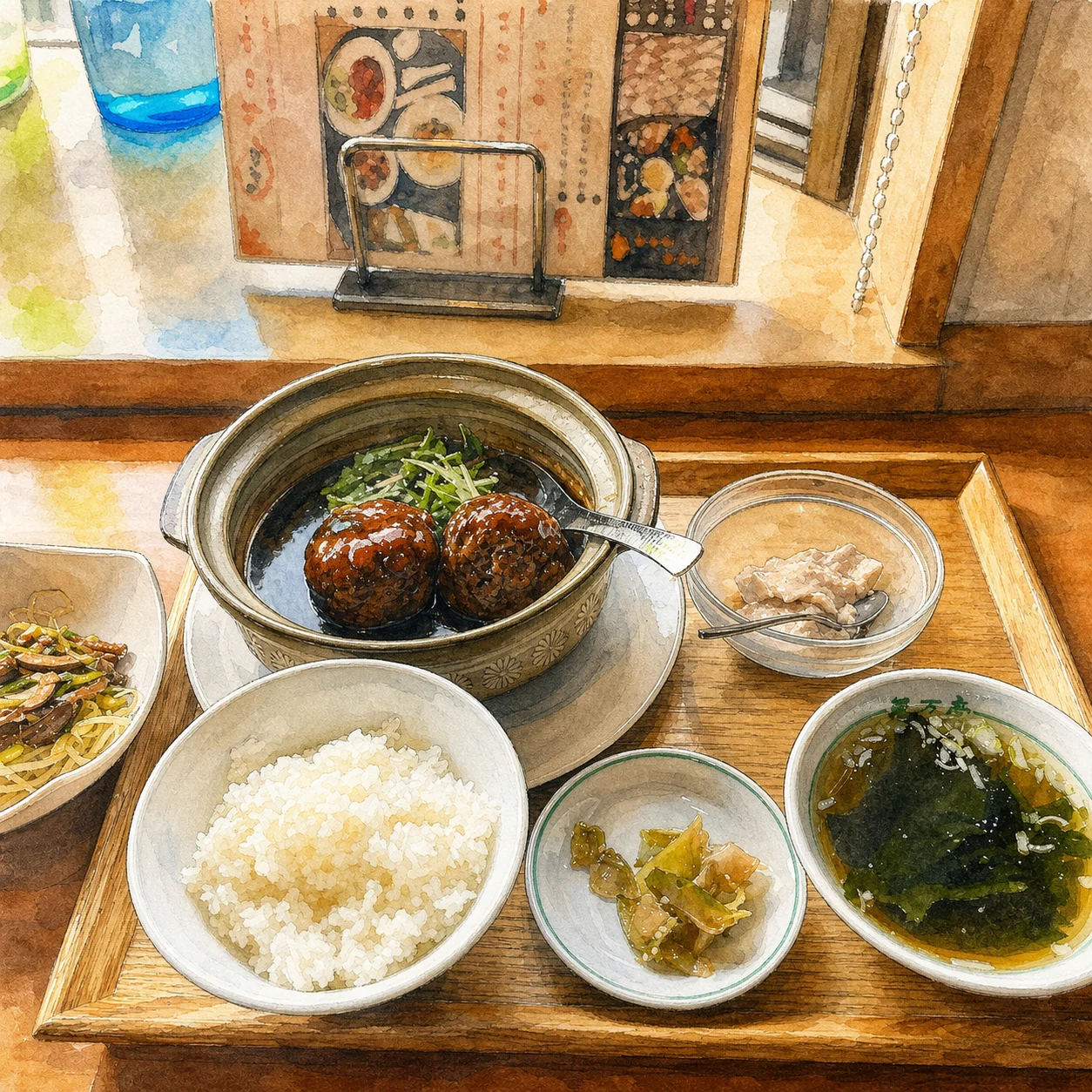 土鍋料理とご飯、スープのランチセットを実写真から描き起こしたイラスト